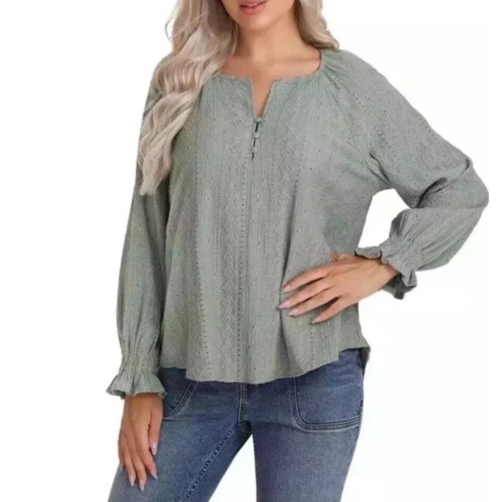 FRYE Frye Women's Textured Long Sleeve Peasant Blouse in Sea Green Sz XXL